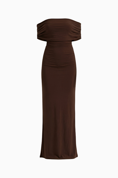 Brown Off-Shoulder Column Maxi Dress