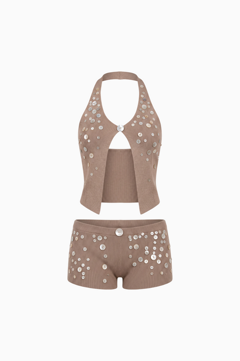Embellished Knit Halter Top and Shorts Set
