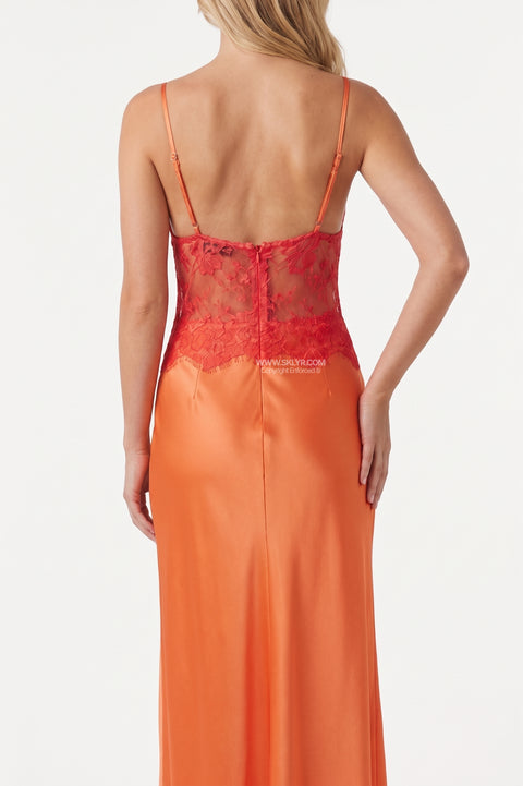 Orange Lace-Trim Slip Maxi Dress