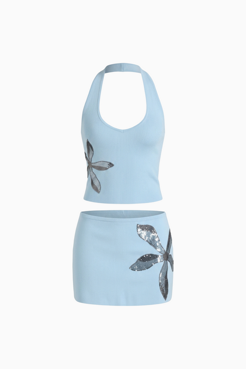 Light Blue Sequin Flower Halter Set