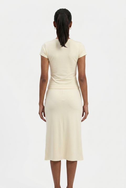 Soft Yellow Plunge Lace Detail Top and Midi Skirt Set