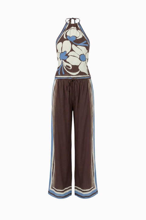 Brown & Blue Printed Wide-Leg Set