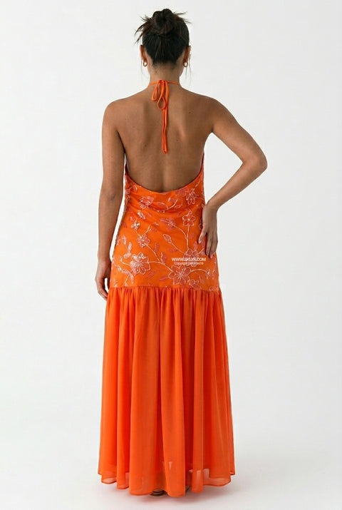 Orange Chiffon Flowing Maxi Dress