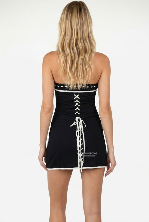 Button-Front Contrast Band Tube Mini Dress