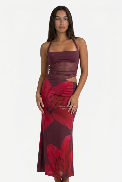 Burgundy Floral Satin Maxi Dress
