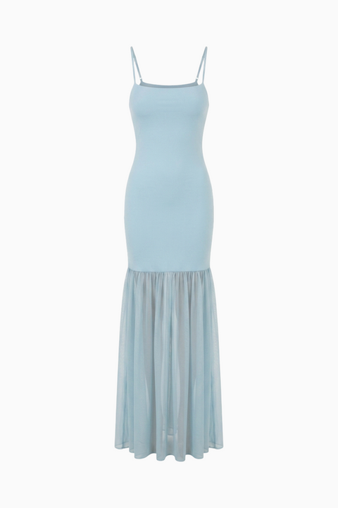 Sky Blue Fitted Maxi Dress with Sheer Hem