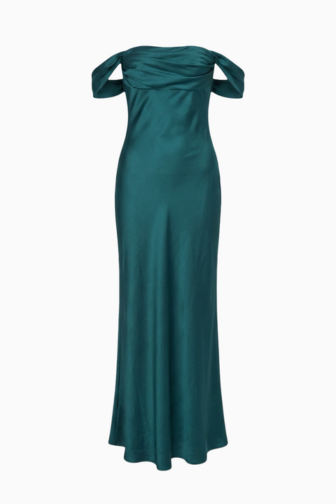 Dark Green Off-The-Shoulder Satin Maxi Dress