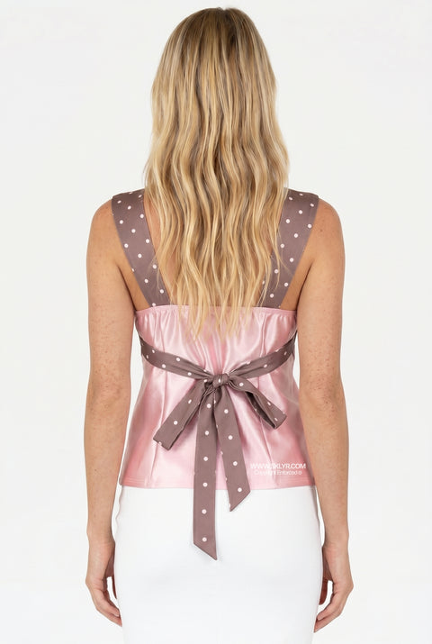 Satin Contrast Polka Dot Square Neck Top