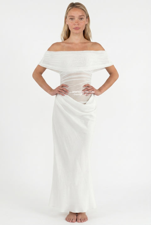White Off-Shoulder Fitted Maxi Dress