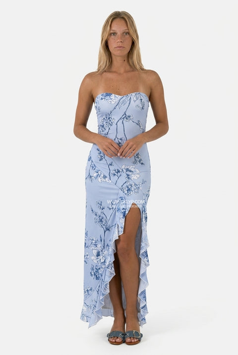 Blue Floral Thigh-Slit Maxi Dress