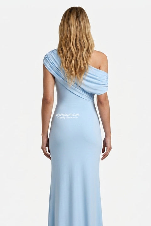 Sky Blue One-Shoulder Ruched Dress