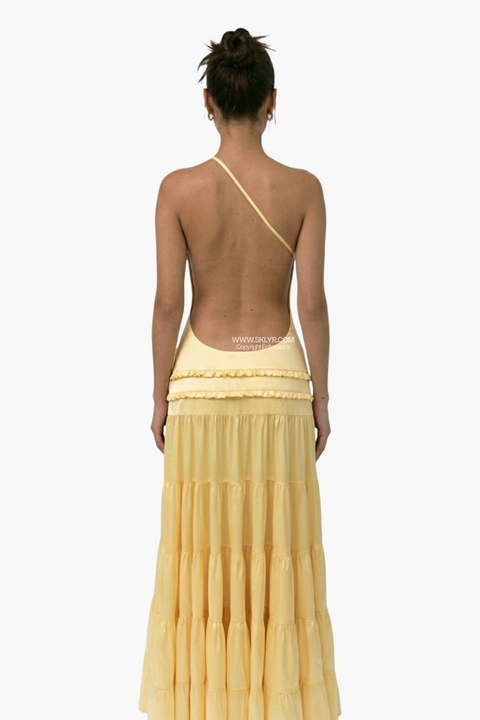 Lemon Yellow Satin One-Shoulder Maxi Dress