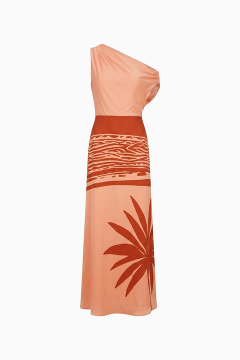 One-Shoulder Palm Print Maxi Dress