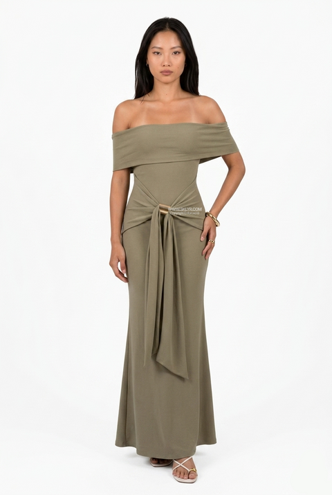 Olive Off-Shoulder Tie-Waist Maxi Dress