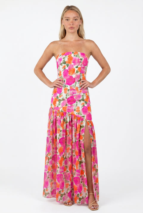 Pink Floral Ruched Midi Dress