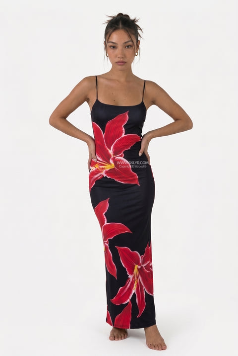 Black Base Red Floral Maxi Dress