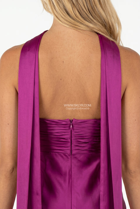 Magenta Satin Open-Back Halter Dress
