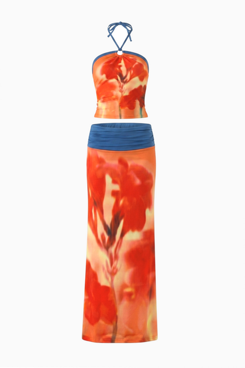 Orange Floral Halter Maxi Set