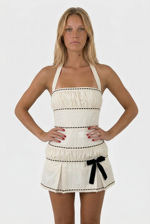 Ivory Bow-Trim Halter Mini Dress