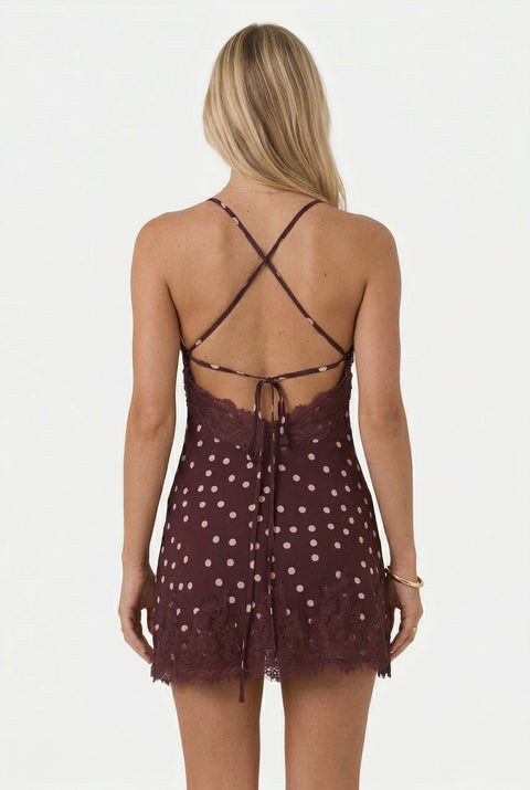 Burgundy Polka Dot & Lace Trim Camisole Mini Dress