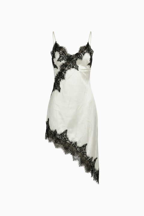 White Asymmetrical Slip Dress with Black Lace Trim