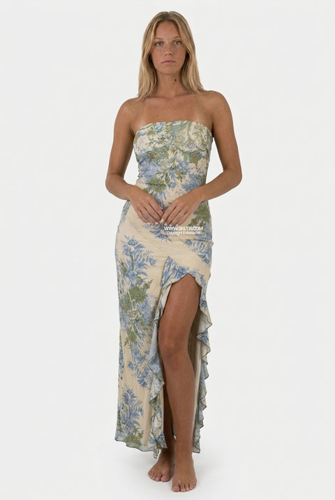 Strapless Floral Print with Ruffle Slit Maxi Dress