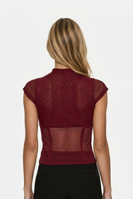 Burgundy Mesh Keyhole Corset Top