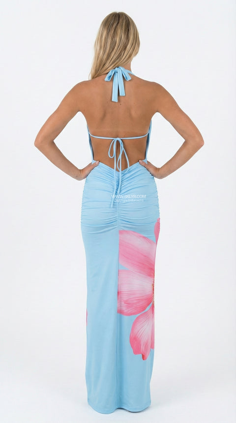 Blue Floral Thigh-Slit Maxi Dress