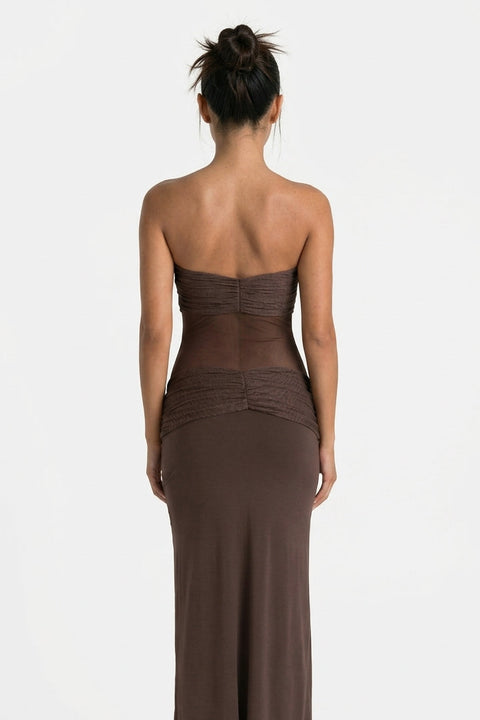 Brown Mesh Ruched Mini Dress