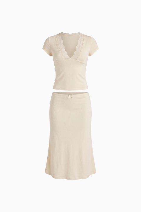 Soft Yellow Plunge Lace Detail Top and Midi Skirt Set