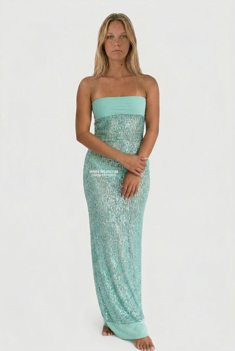 Mint Sequin Strapless Maxi Dress