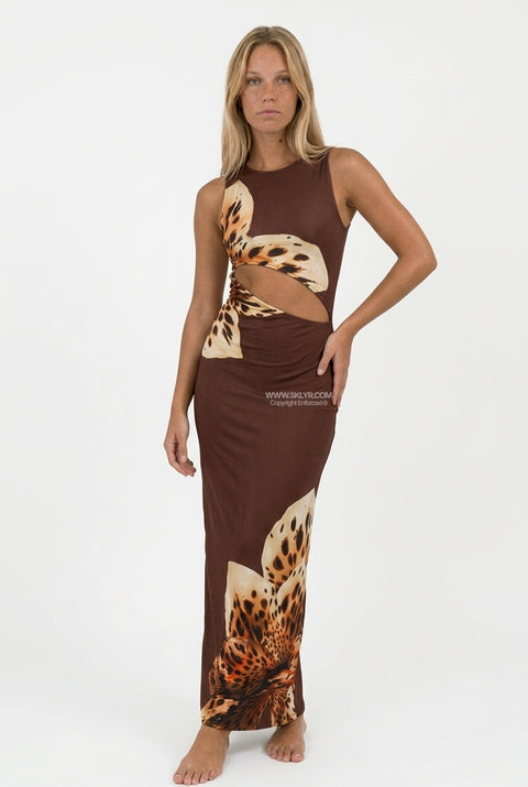 Brown Rose Satin Slip Maxi Dress