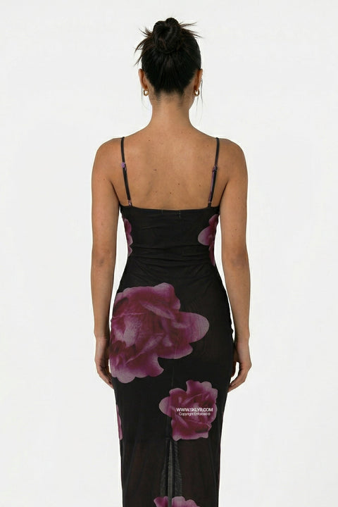 Black Deep Pink Rose Print Maxi Dress