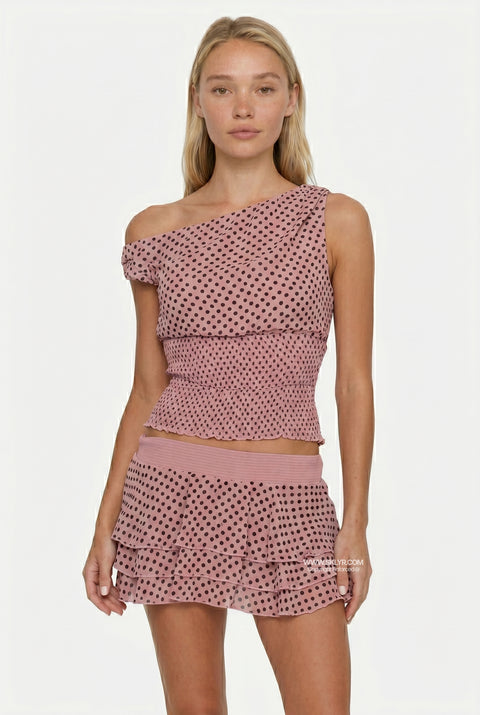 Blue Polka Dot One-Shoulder Tiered Set