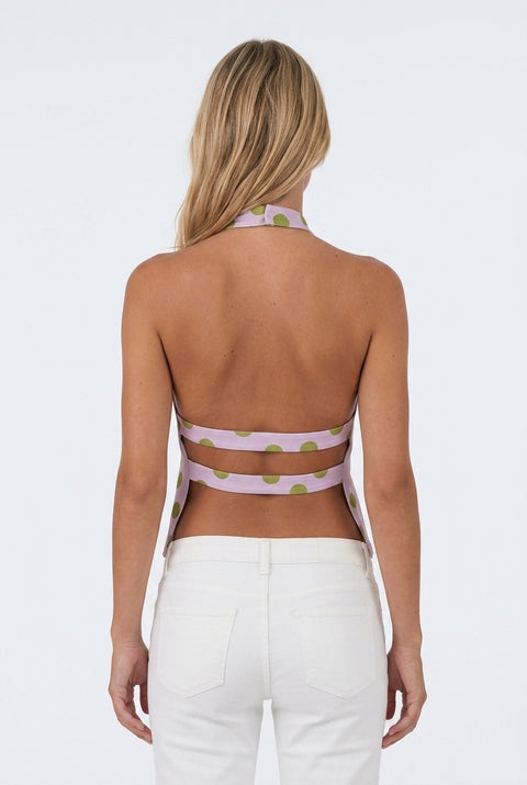 Lilac & Green Polka Dot High-Neck Crop Top