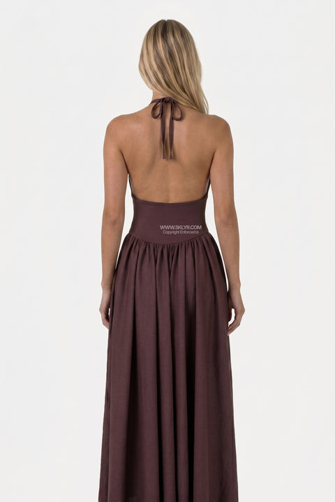 Brown Halterneck Scuba Maxi Dress