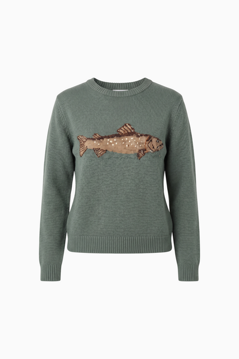 Sage Green Trout Intarsia Knit Sweater