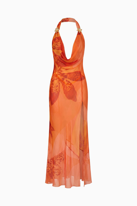 Peach Sheer Halter Maxi Dress