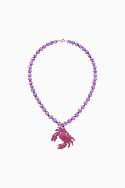 Pink Crab Charm & Purple Beaded Necklace