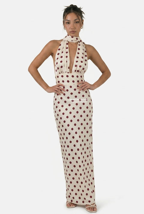 White Polka Dot Halter Midi Dress