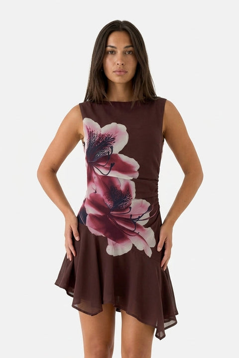Chocolate Hibiscus Asymmetrical Ruffle Midi Dress