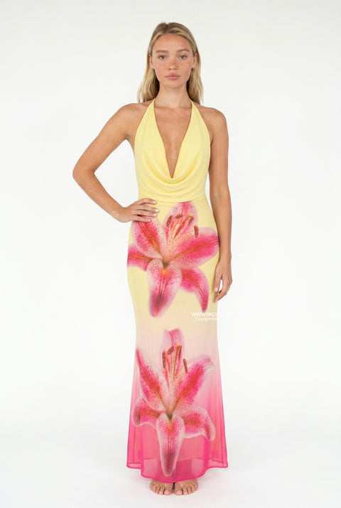 Ombre Lily Print Halter Dress