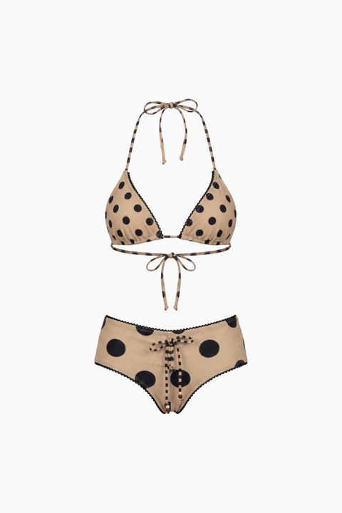 Beige Polka Dot Triangle Top and Lace-Up Boyshort Bikini