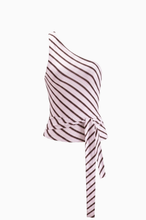 One-Shoulder Diagonal Striped Tie-Waist Top