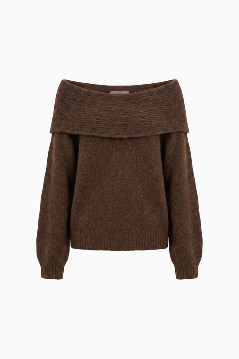 Chocolate Brown Ribbed Off-the-Shoulder Knit Sweater