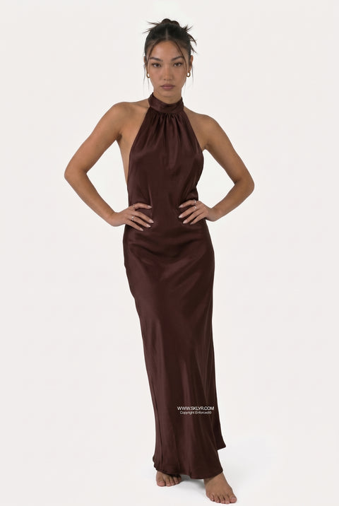 Chocolate Satin Halter Maxi Dress