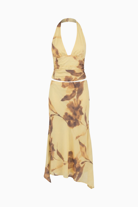 Yellow Floral Halter Neck Two-Piece Set