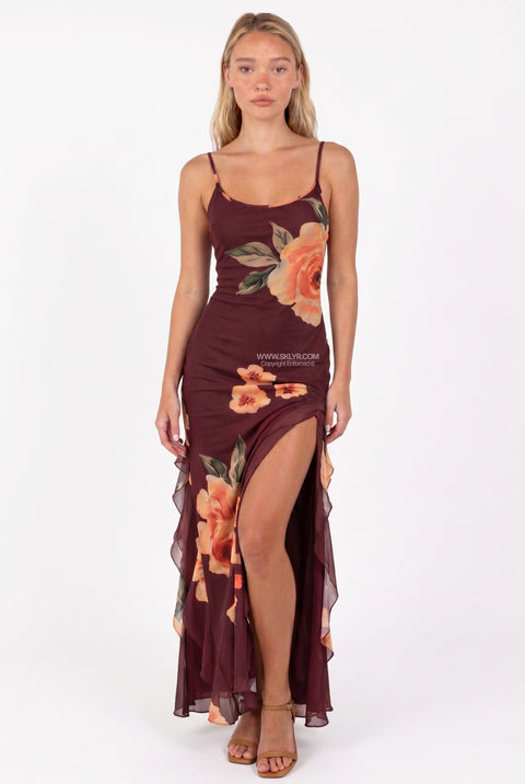 Burgundy Floral Satin Slit Maxi Dress