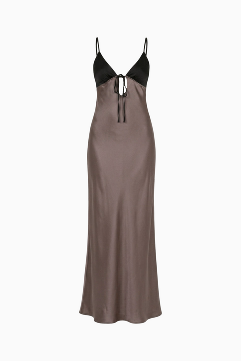 Warm Taupe Satin Slip Maxi Dress