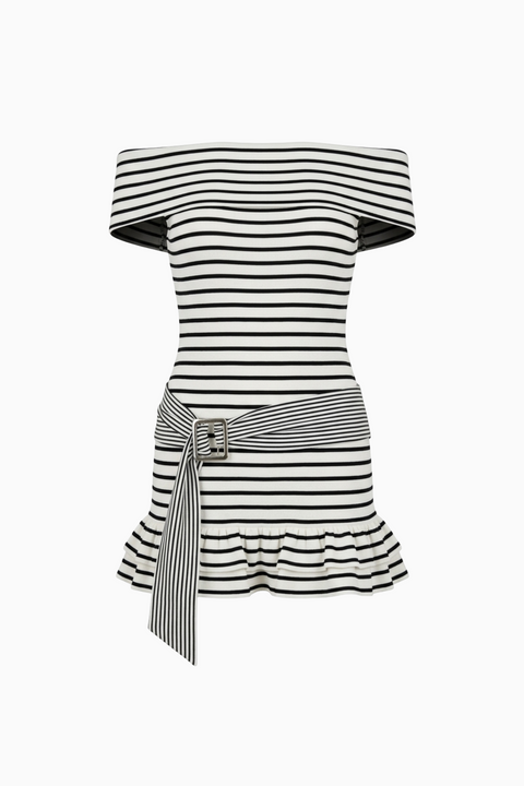Black & White Striped Off-Shoulder Mini Dress